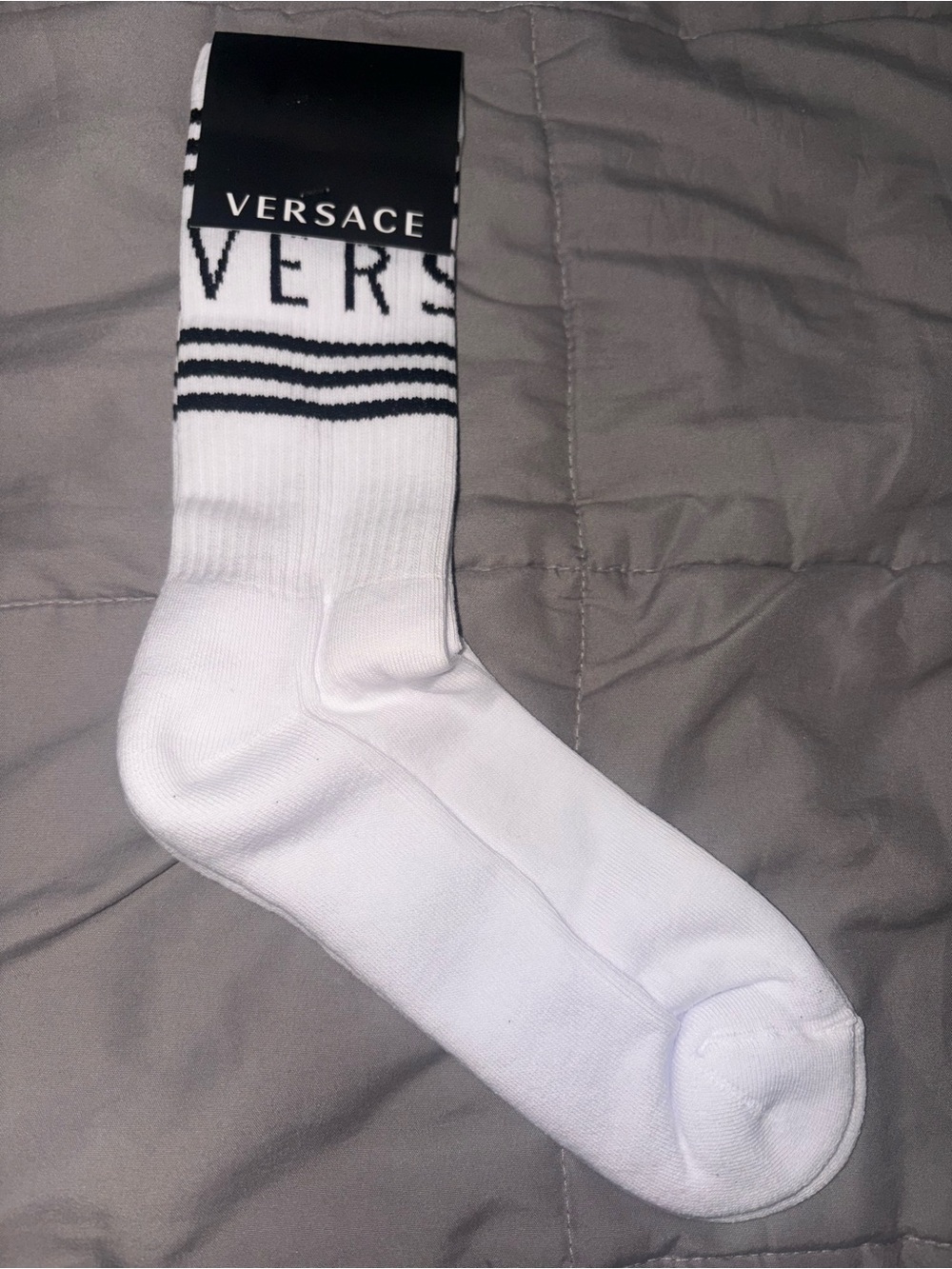 Versace White Crew Socks with Black Logo Stripes